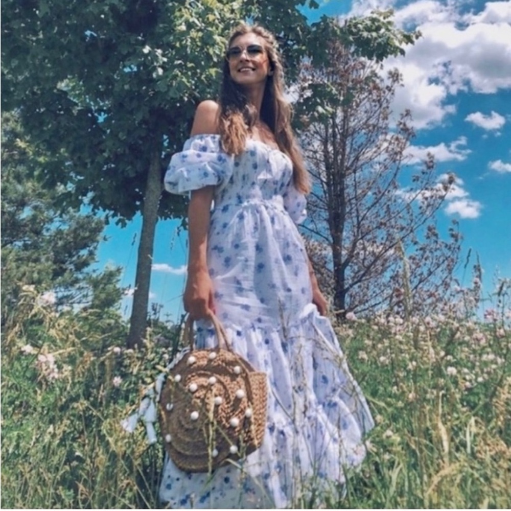 LoveShackFancy White and Blue Floral Off-Shoulder Maxi Dress